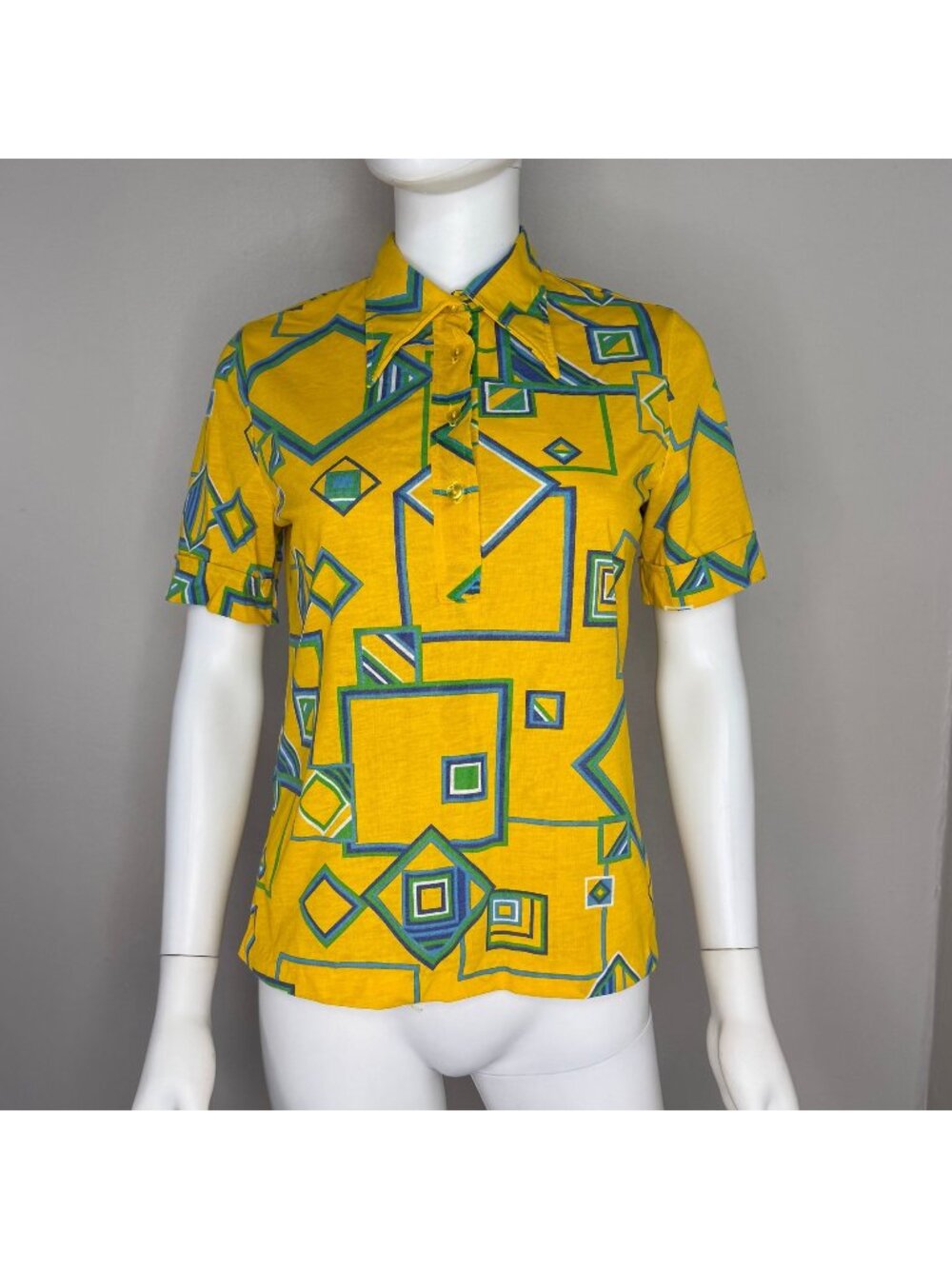 Vintage 1970s Yellow Geometric Print Polo Shirt, Janstorp Swedish Design, Small